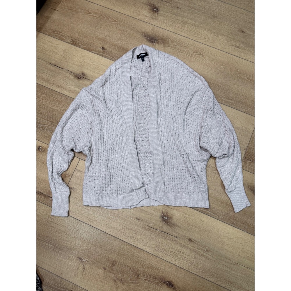 Express Womens Gray Metallic Knit Batwing Open Front Cardigan Sweater Small S